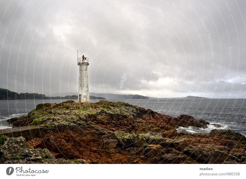 kid Nature Landscape Sky Clouds Horizon Weather Bad weather Moss Rock Coast Beach Reef Ocean Lighthouse Brown Gray Green Rough Galicia Colour photo