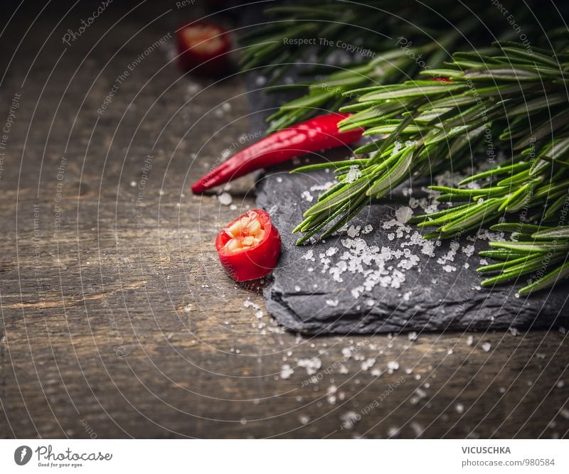 Rosemary and chilli with salt on dark slate Food Herbs and spices Nutrition Organic produce Vegetarian diet Diet Style Design Healthy Eating Life Kitchen Nature