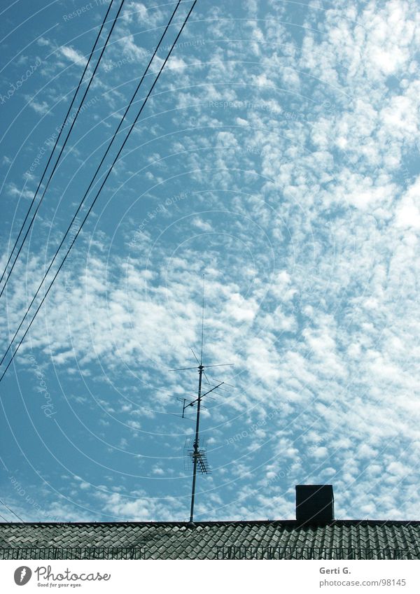 current Electricity Energy industry Sky blue Clouds Altocumulus floccus Streamline Roof Roof ridge Antenna Roofing tile Transmission lines Diagonal