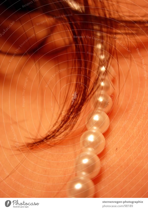 skin & pearls. Pearl Pearl necklace Strand of hair Physics Warm colour Jewellery Woman Macro (Extreme close-up) Close-up Skin Hair and hairstyles Warmth Near