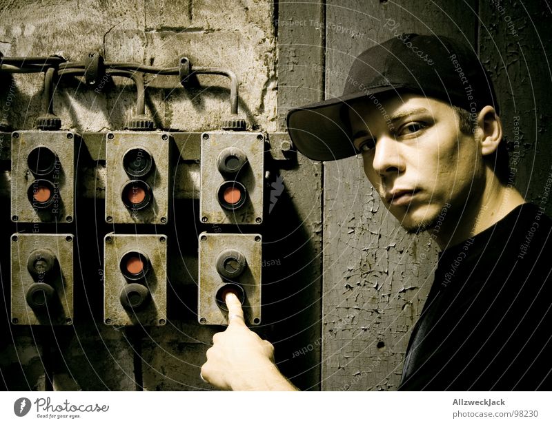 slacker Pushing Switch off Buttons To switch Earnest Baseball cap Cap Man Masculine Dark Dramatic Light switch Fingers Activate Second-hand Industrial site