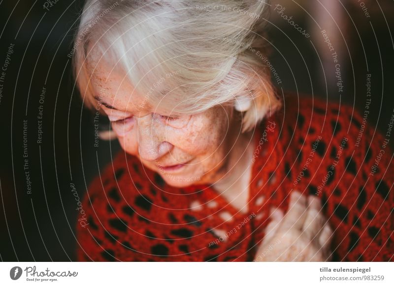 . Calm Feminine Female senior Woman Grandmother Senior citizen 1 Human being 60 years and older Hair and hairstyles White-haired Old Dream Sadness Red Caution