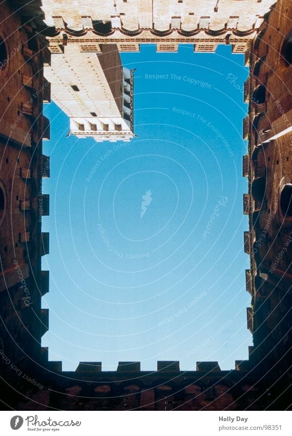 Sky over Siena Italy Palio Tuscany Vacation & Travel Go up Tall Landmark Monument Art Culture Interior courtyard Upward Tower Torre del Mangia Blue