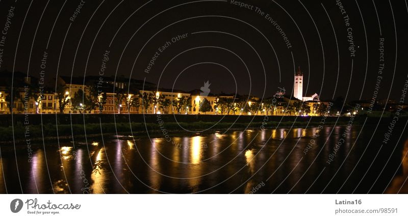 Sleepless in Verona Dark Night Light Reflection Church spire Evening Italy Europe Town Architecture River Water Religion and faith Vacation & Travel