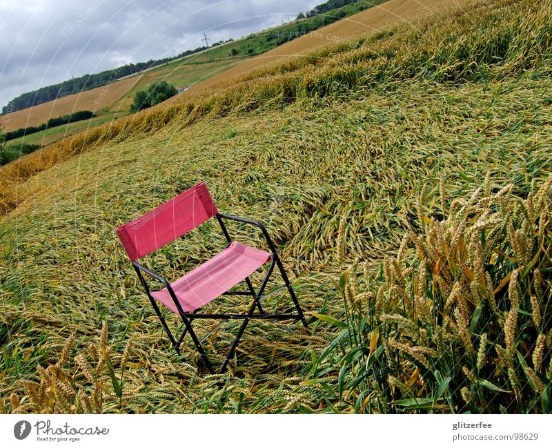 a chair in the cornfield Red Clouds Summer Gale UFO Calm Wheat Rye Barley Fairy Chair Camping chair Nature Pallid Thunder and lightning Rain Extraterrestrial