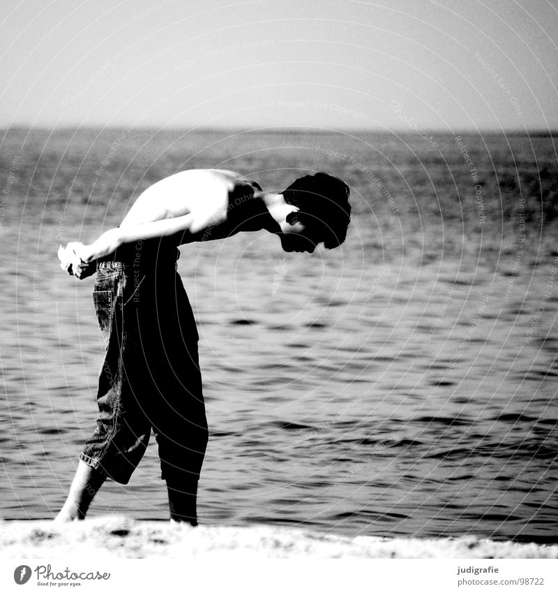 The Stone Seeker Man Beach Search Ocean Lake Gray Crooked Posture Unhealthy Mussel Vacation & Travel Horizon Black White Environment Black & white photo Coast