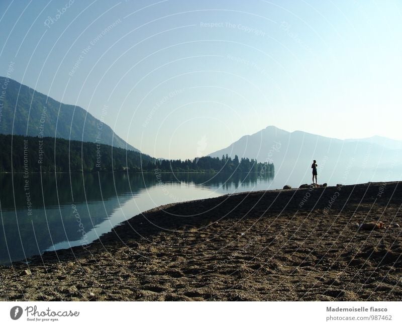 Dawn on the lake shore in the mountains Lakeside Mountain Trip Freedom Summer Hiking 1 Human being Landscape Nature Sand Water Beautiful weather Forest