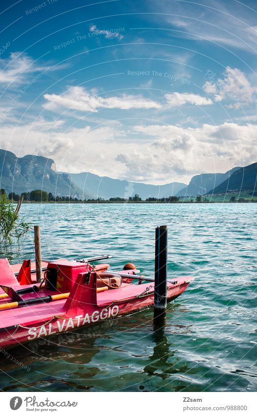 baywatch Environment Nature Landscape Sky Clouds Summer Beautiful weather Bushes Alps Mountain Lakeside Boating trip Rowboat sea watch Fresh Cold Sustainability