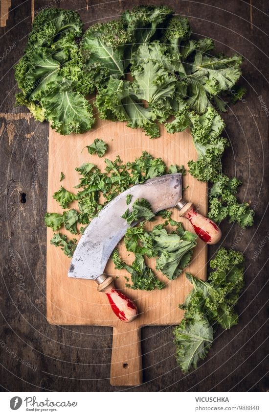 Chop green cabbage with an old chopping knife Food Vegetable Lettuce Salad Style Design Nature Kale Old chopping knives herb knife Rustic Chopping board