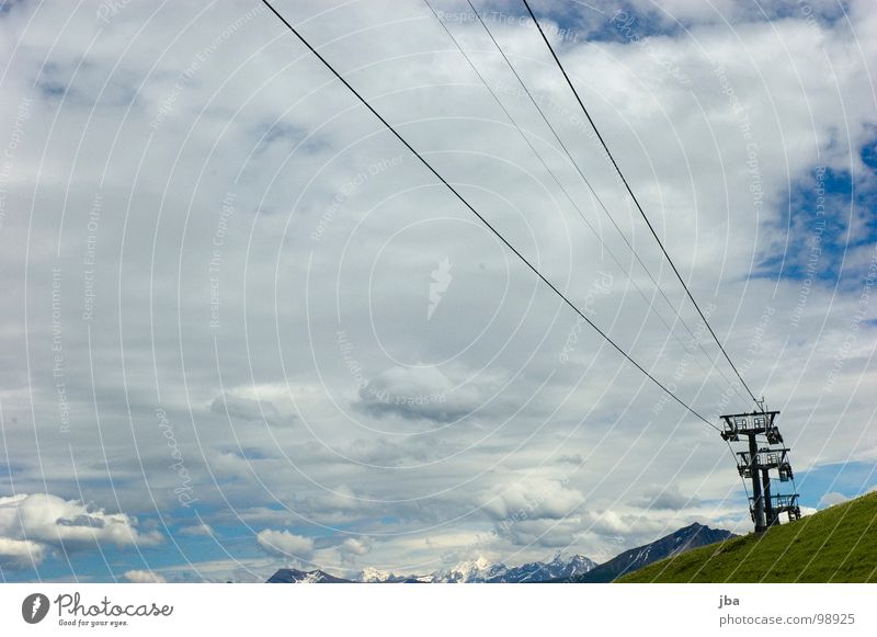 summer break Chair lift Wire 3 Slope Grass Clouds Bad weather Rope Mountain Tall Above Upward Electricity pylon Sky