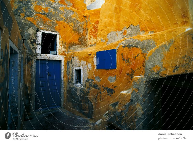 not around the corner from me Wall (barrier) Facade Plaster Derelict Multicoloured Time Blue Yellow House (Residential Structure) Greece South Vacation & Travel