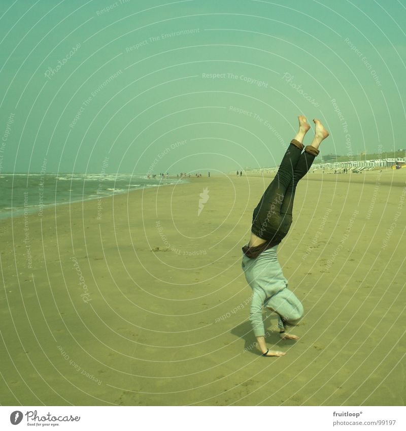 windswept Beach Handstand Calm Harmonious Playing North Sea Wind Nature