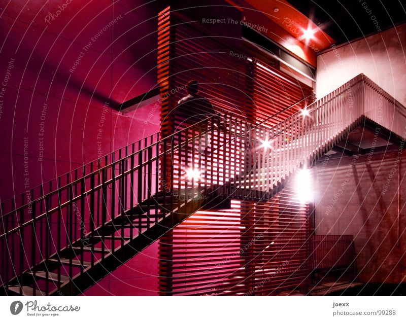 Transparent ascent Go up Dark Ghostly Green Career Long exposure Light Man Wall (barrier) Night Night shot Upper body Red Informer Wall (building) Modern Stairs