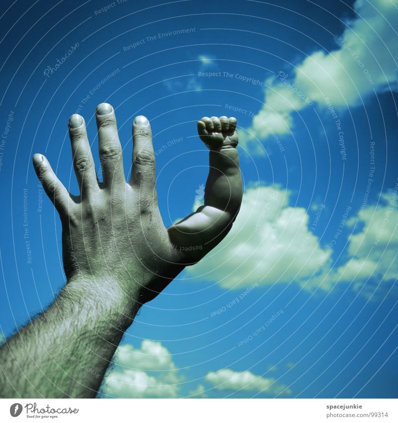 touch the sky Clouds Hand Fingers Touch Fist Whimsical Sky Strange Joy Arm doll-poor Blue Traffic infrastructure