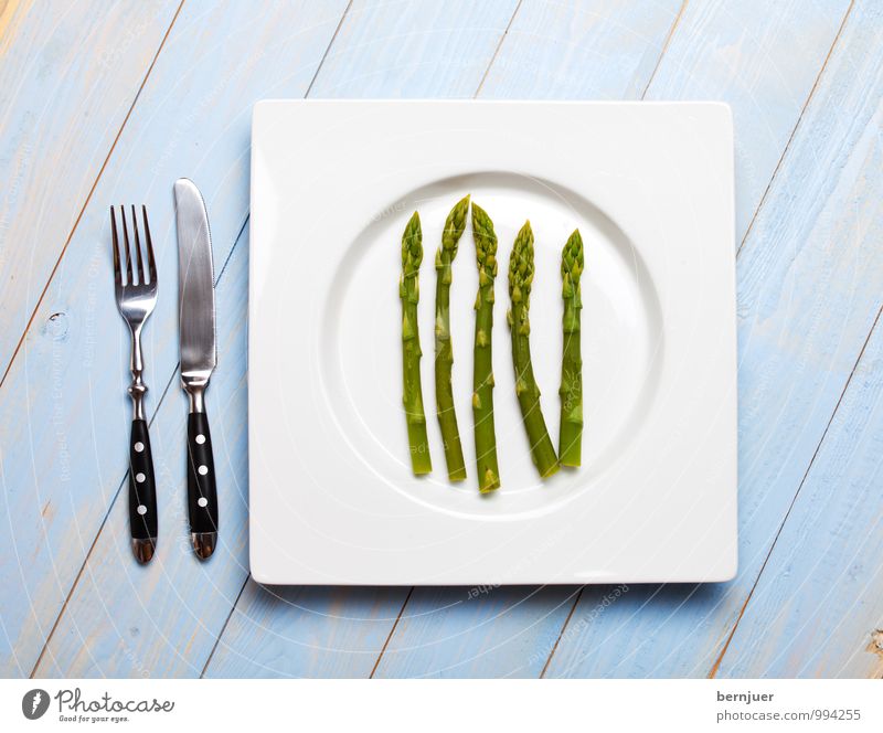 green asparagus Food Vegetable Organic produce Vegetarian diet Plate Cutlery Knives Fork Cheap Good Honest Asparagus Asparagus head Green Blue 5