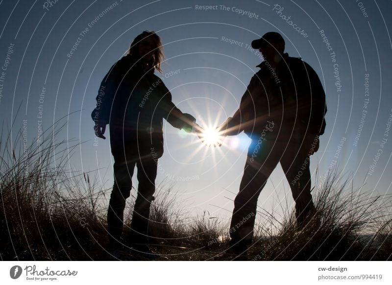 Couple on the beach sunshine Sunlight Silhouette Beach marram grass