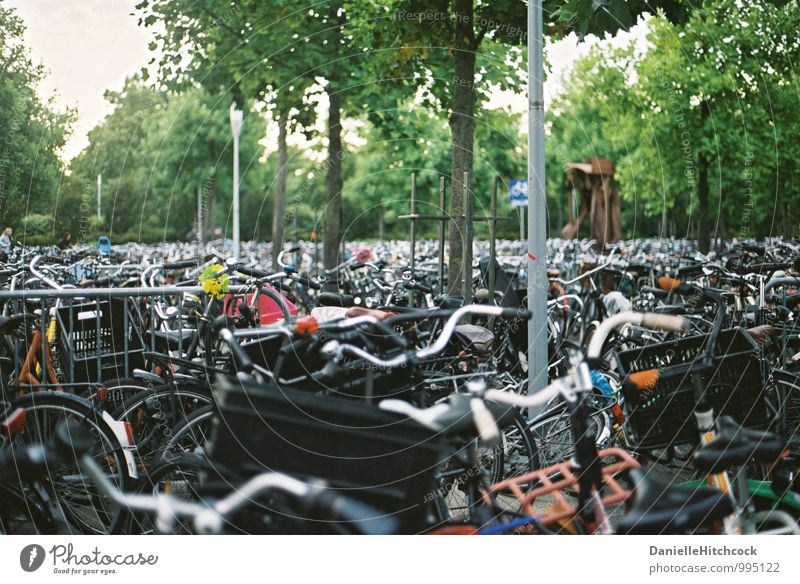 cycle Lifestyle Leisure and hobbies Cycling Going Bicycle Amsterdam Many Crowded Parking area 35mm film Colour photo Exterior shot Evening