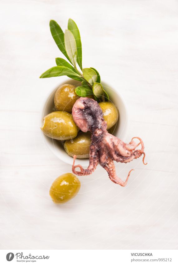 Olives with Baby Octopus on white wooden table Food Fish Vegetable Herbs and spices Cooking oil Nutrition Buffet Brunch Organic produce Vegetarian diet Diet