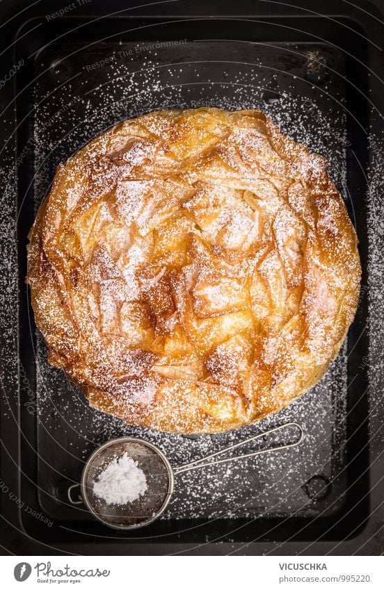 Round fillo dough cake with icing sugar Sieve on baking tray Food Dough Baked goods Cake Dessert Nutrition Banquet Crockery Style Design Kitchen