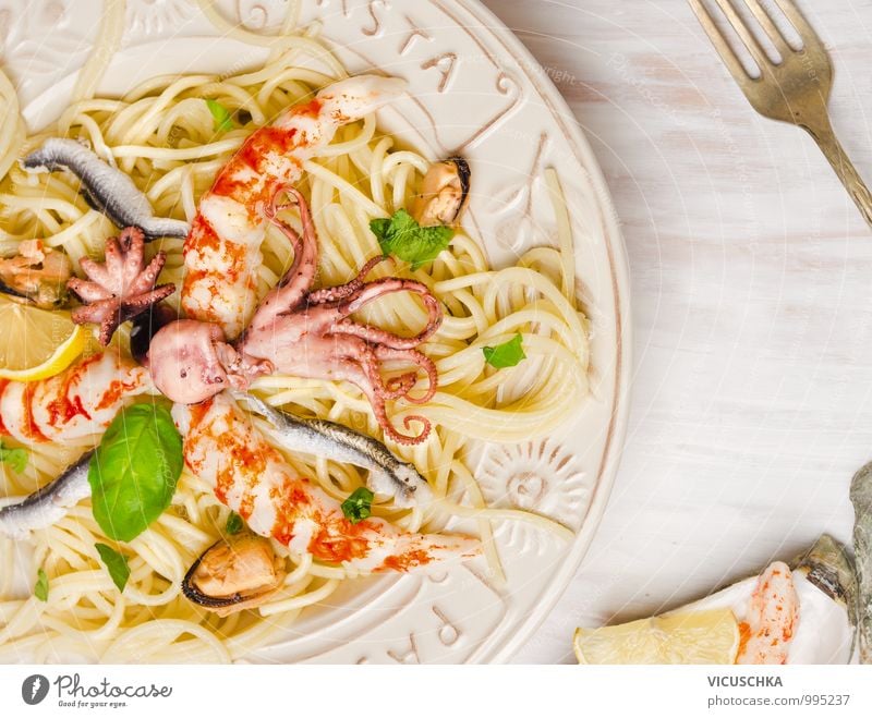 Seafood Spaghetti Food Fish Herbs and spices Nutrition Lunch Banquet Organic produce Vegetarian diet Diet Italian Food Plate Style Design Healthy Eating Kitchen