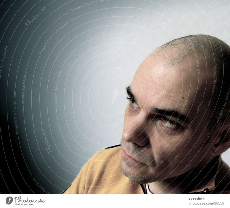 Losing Touch With My Mind Portrait photograph Pallid Yellow White Bald or shaved head Man Think Haircut Insulted Frustration Bad mood Grief Hair and hairstyles