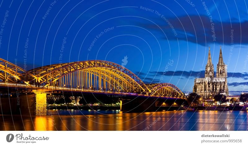 Cologne Cathedral II Church Dome Bridge Hohenzollern Bridge Religion and faith Colour photo Exterior shot Evening Twilight Deep depth of field Panorama (View)