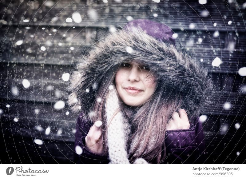 Let it Snow... Human being Feminine Child Girl Young woman Youth (Young adults) Sister 1 13 - 18 years Wind Gale Snowfall Jacket Fur coat Pelt Scarf Brunette