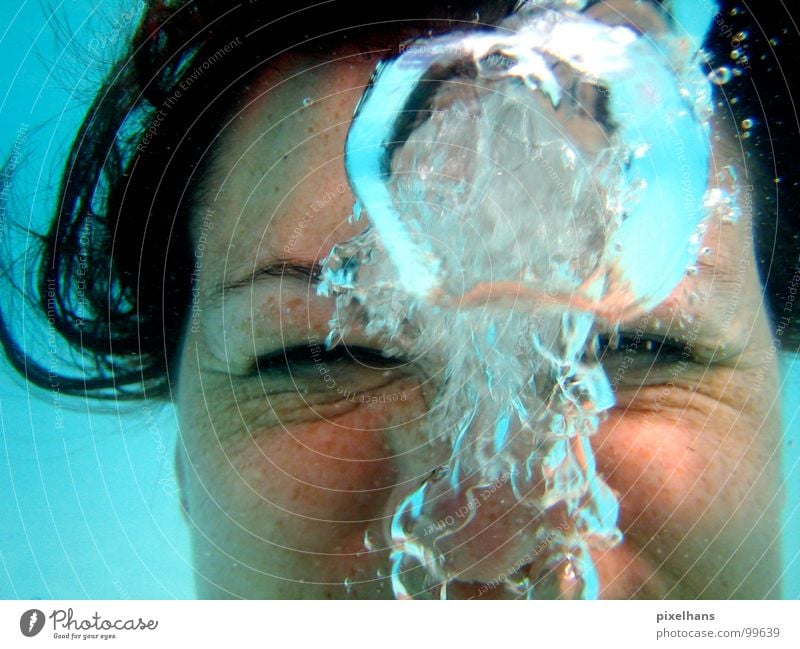 BLUBBER bubbles from the nose... Air Air bubble Breathe Woman Ocean Indian Ocean Freckles Wink Joy Water Blue Bright Looking tricky Underwater photo Face Bubble