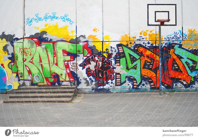 streetball Wall (building) Ball sports Basket Basketball basket Multicoloured Flashy Playing Joy Traffic infrastructure Stairs Schoolyard Graffiti