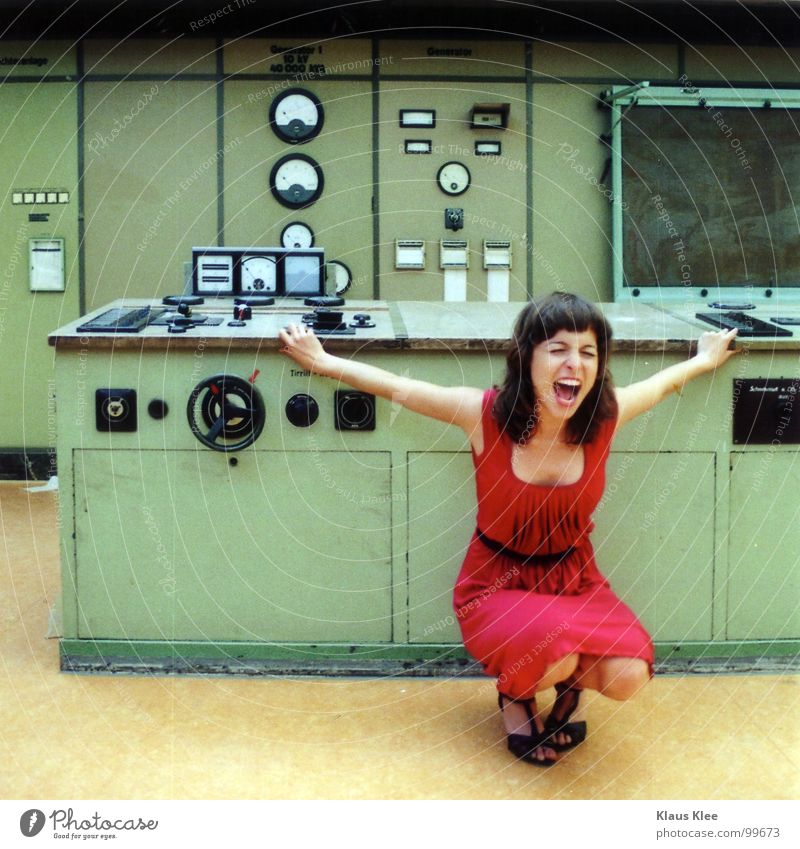 TO PLAY WITH THE BOMB ::::. Woman Sweet Dress Red Fantastic Lamp Table Roof Diffuse Portrait photograph Human being Atomic bomb Kill Bomb Switch Wheel Buttons