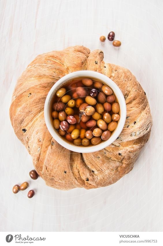 Round ciabatta bread with olives. Food Vegetable Bread Nutrition Lunch Organic produce Vegetarian diet Diet Bowl Style Design Olive Snack White Circle