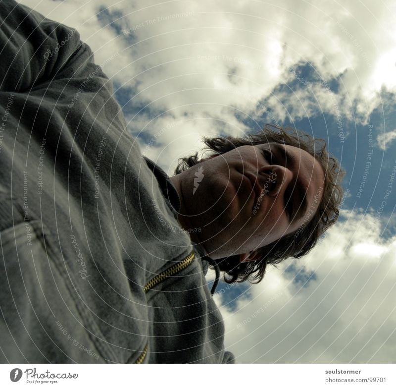 From below Self portrait Man Unshaven Stripe Jacket Upper body Clouds Green White Dark Worm's-eye view Boredom Portrait photograph Exceptional