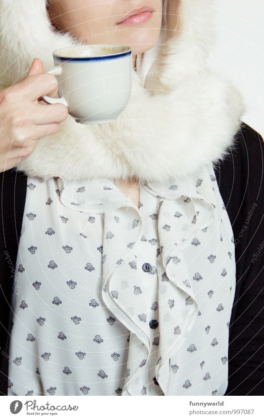 Coffee with fur Human being Feminine Young woman Youth (Young adults) Woman Adults Mouth 1 18 - 30 years Drinking Tea Crazy Funny Pelt Cap Clothing To hold on