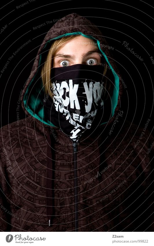 Fuck you! Man Portrait photograph Upper body Blonde Youth (Young adults) Green Pattern Amazed Scare Criminal Hip-hop Youth culture Tagger Human being Head