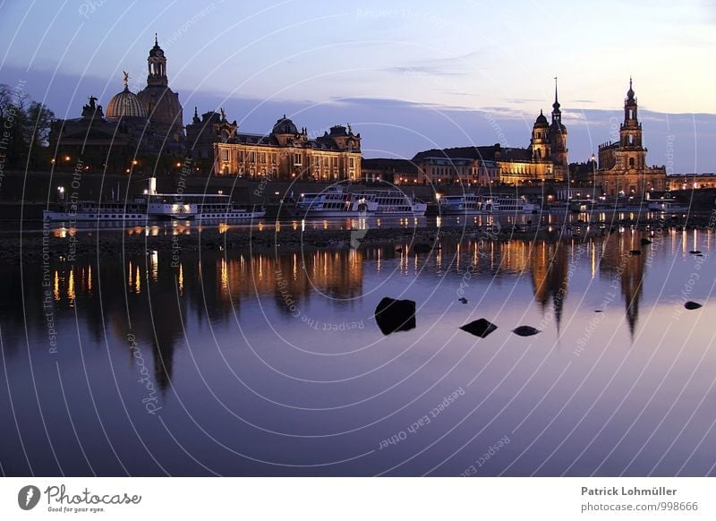 Dresden at dusk Architecture Environment Water Sky River bank Germany Europe Capital city Downtown Old town Skyline Church Manmade structures Building Terrace