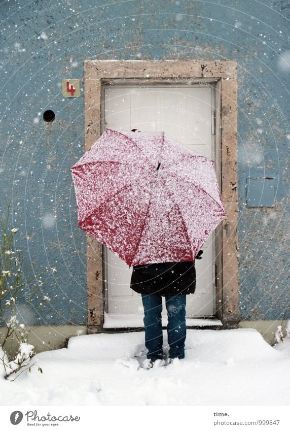 Red umbrella II 1 Human being Winter Snow Snowfall House (Residential Structure) Wall (barrier) Wall (building) Facade Door House number Jeans Coat Umbrella